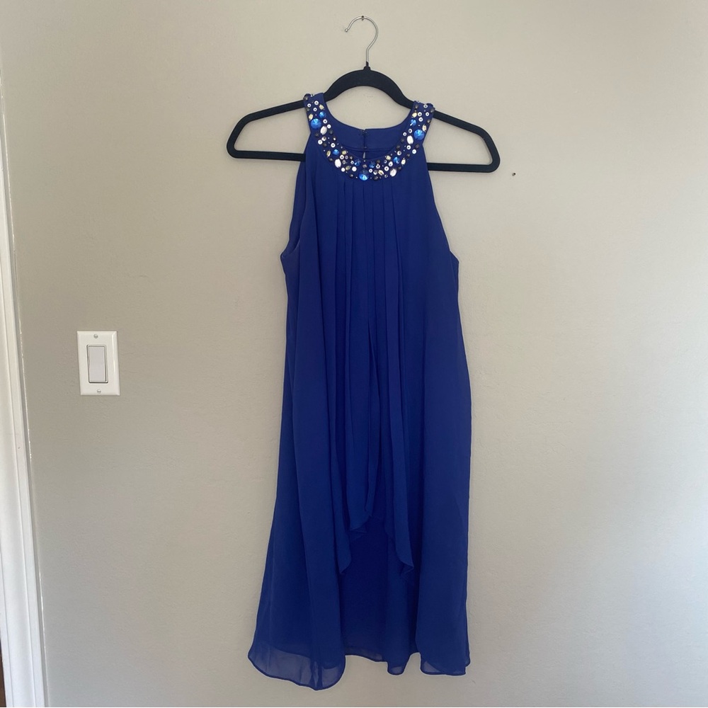 Blue beaded chiffon dress with sleeveless design and draped skirt SLNY